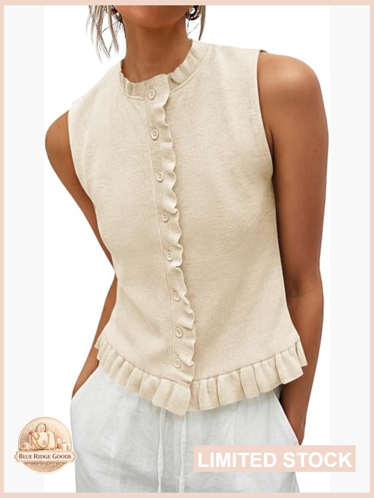 Sleeveless Ribbed Knit Sweater Vest Ruffle Trim Button Down Slim Fit Top